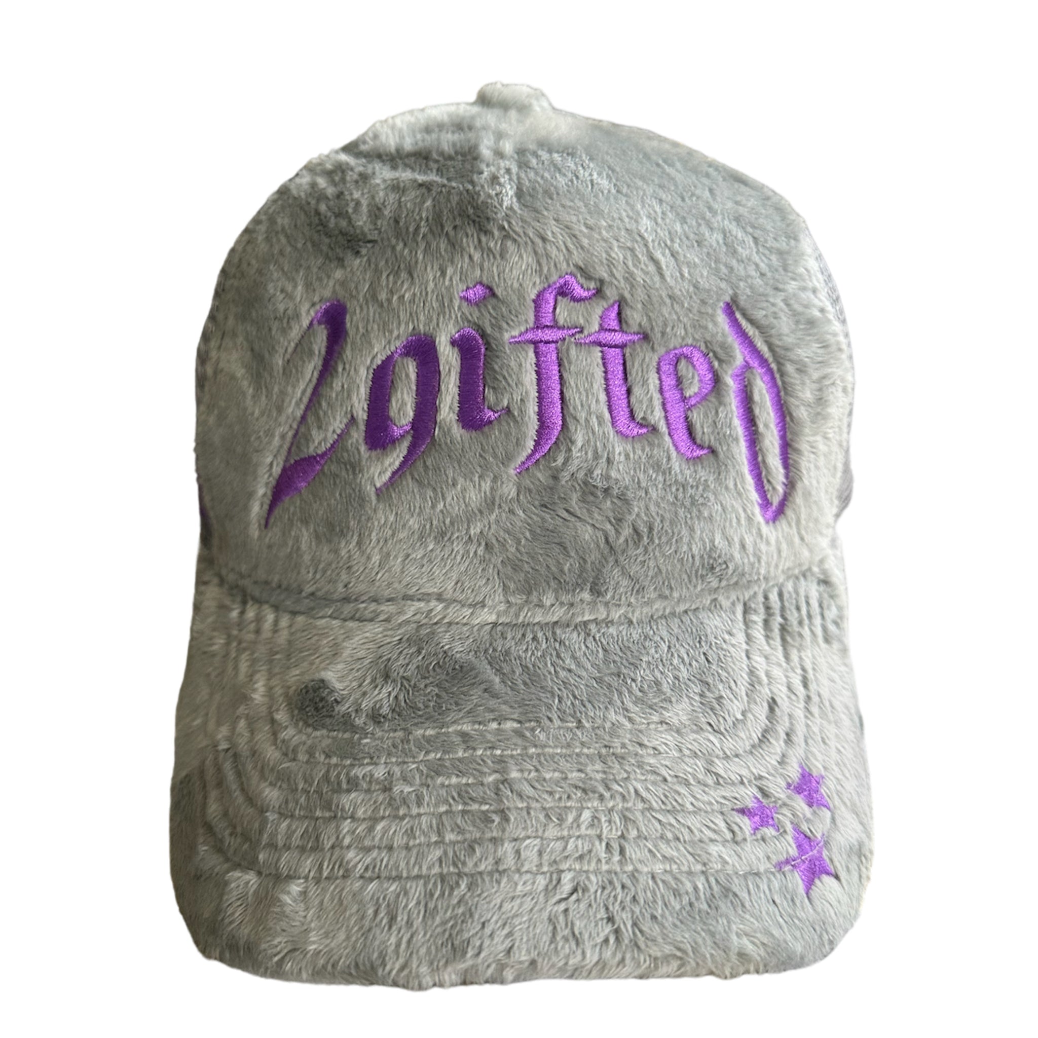 arch logo” fuzzy trucker hat (gray/purple) – 2GIFTED