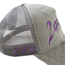 Load image into Gallery viewer, “arch logo” fuzzy trucker hat (gray/purple)
